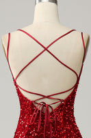Load image into Gallery viewer, Red Sparkly Mermaid Backless Long Prom Dress with Fringes
