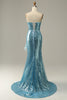 Load image into Gallery viewer, Sky Blue Sweetheart Sequined Mermaid Prom Dress With Feathers