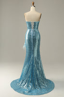 Load image into Gallery viewer, Sky Blue Sweetheart Sequined Mermaid Prom Dress With Feathers