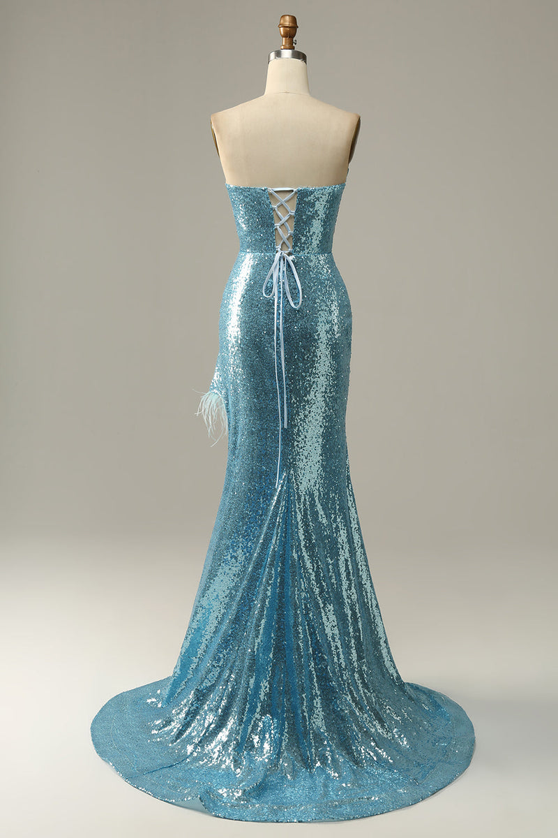 Load image into Gallery viewer, Sky Blue Sweetheart Sequined Mermaid Prom Dress With Feathers