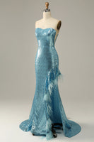 Load image into Gallery viewer, Sky Blue Sweetheart Sequined Mermaid Prom Dress With Feathers