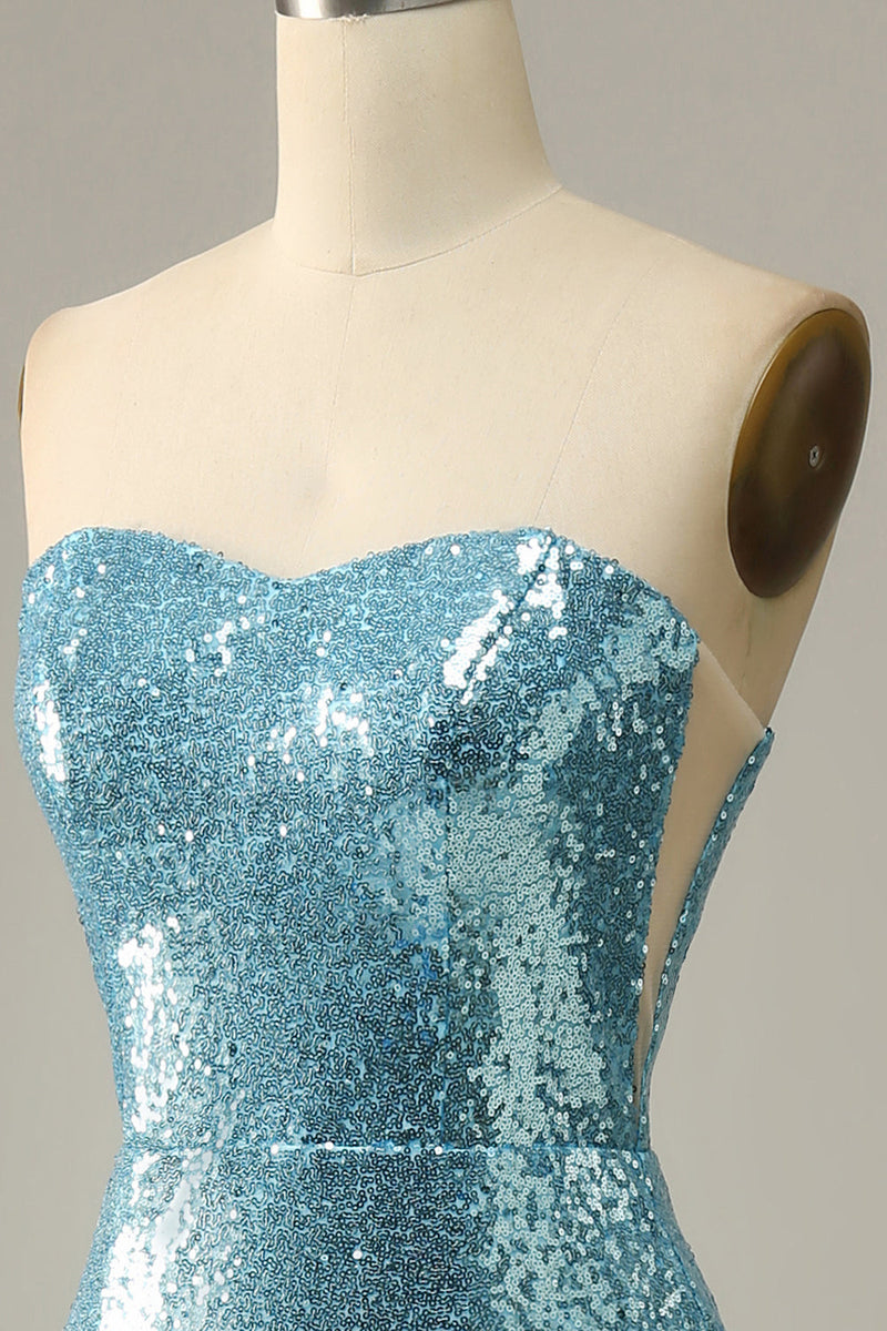 Load image into Gallery viewer, Sky Blue Sweetheart Sequined Mermaid Prom Dress With Feathers
