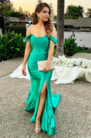 Load image into Gallery viewer, Green Corset Off the Shoulder Long Prom Dress with Slit