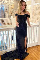 Load image into Gallery viewer, Black Corset Off the Shoulder Long Prom Dress with Slit