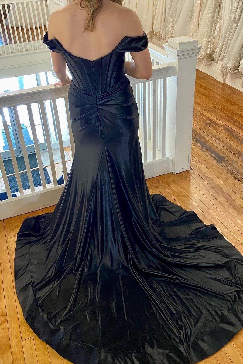 Load image into Gallery viewer, Black Corset Off the Shoulder Long Prom Dress with Slit