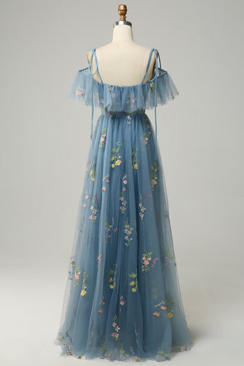 A-Line V-Neck Spaghetti Straps Embroidery Grey Blue Long Prom Dress with Slit