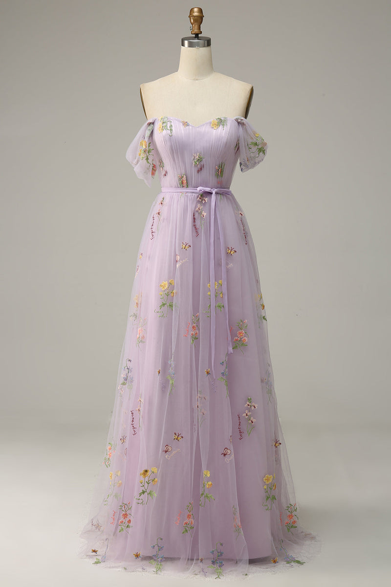 Load image into Gallery viewer, Lavender A Line Tulle Off Shoulder Prom Dress