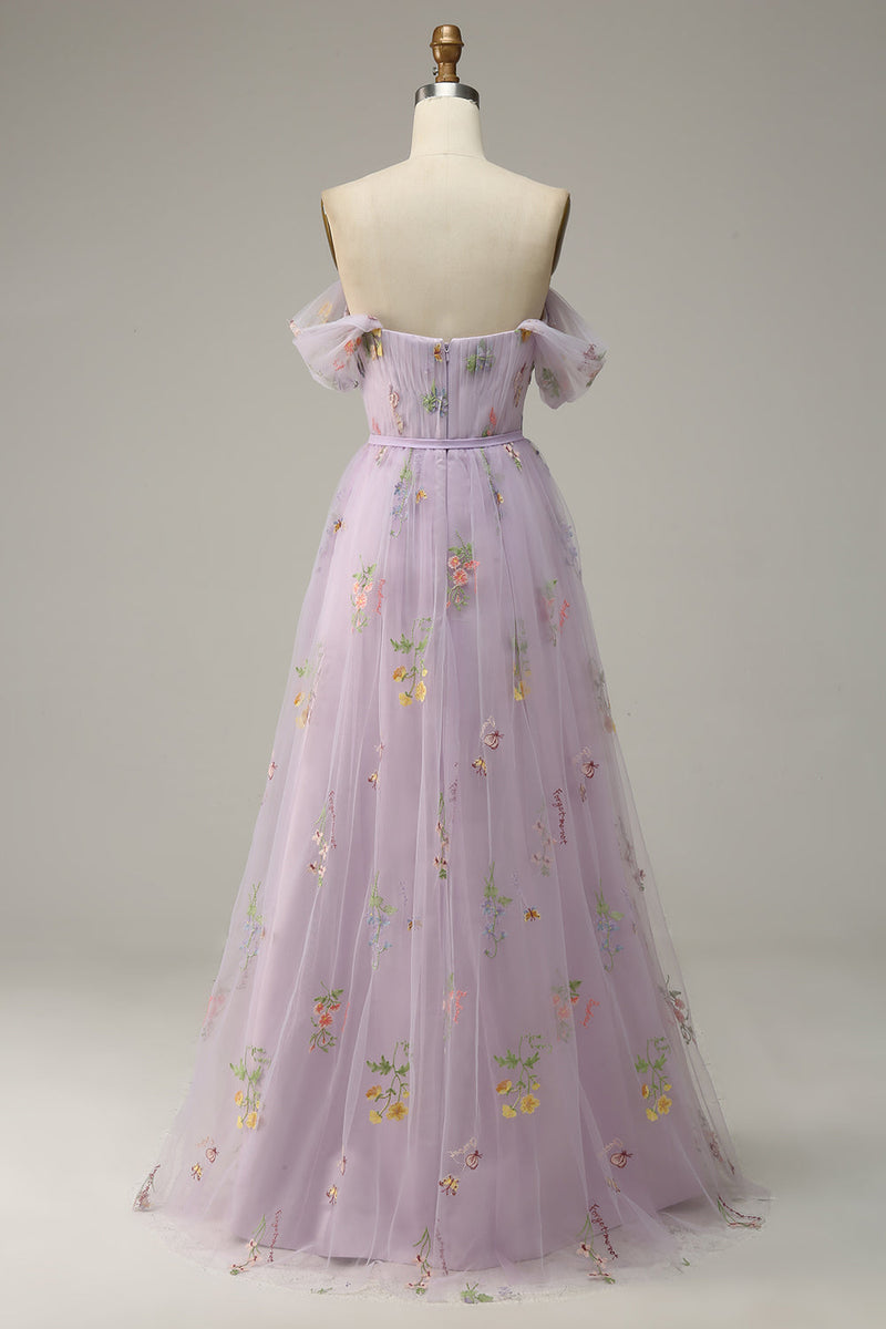 Load image into Gallery viewer, Lavender A Line Tulle Off Shoulder Prom Dress