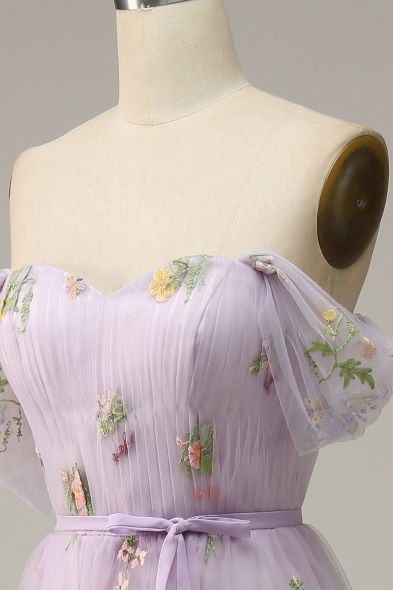 Load image into Gallery viewer, Lavender A Line Tulle Off Shoulder Prom Dress