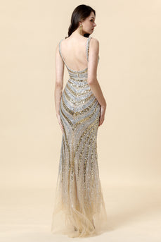 Sheath Deep V Neck Golden Beaded Prom Dress with Split Front