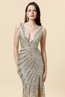 Load image into Gallery viewer, Sheath Deep V Neck Golden Beaded Prom Dress with Split Front