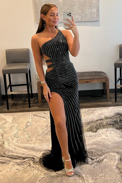Sparkly Black Sequins Waist Cut-Out Prom Dress with Slit