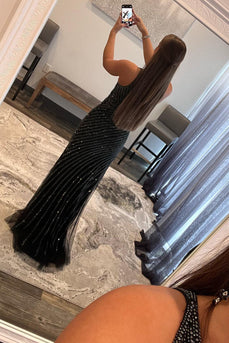 Sparkly Black Sequins Waist Cut-Out Prom Dress with Slit