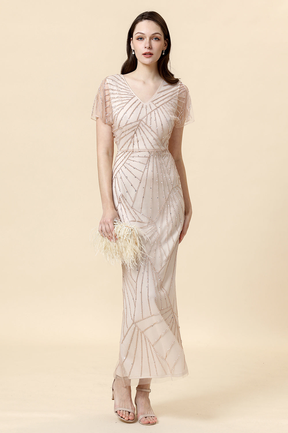 Sheath V Neck Light Khaki Long Formal Dress with Beading