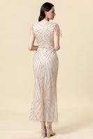 Load image into Gallery viewer, Sheath V Neck Light Khaki Long Formal Dress with Beading