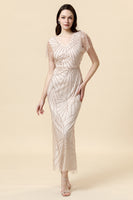Load image into Gallery viewer, Sheath V Neck Light Khaki Long Formal Dress with Beading
