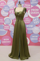 Load image into Gallery viewer, Army Green Sweetheart Satin A Line Long Prom Dress With Slit
