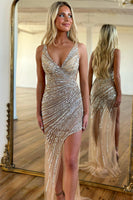 Load image into Gallery viewer, Golden Sparkly Beaded Long Prom Dress with Slit
