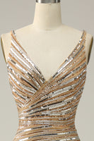 Load image into Gallery viewer, Sparkly Golden Backless Beaded Long Prom Dress with Slit