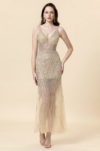 Sheath Deep V Neck Golden Beading Prom Dress with Open Back