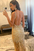 Load image into Gallery viewer, Golden Sheath paghetti Straps Beaded Backless Long Prom Dress
