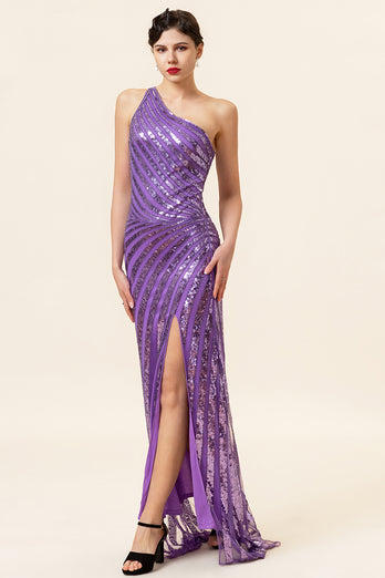 Sparkly Purple Sequins Long Prom Dress with Slit
