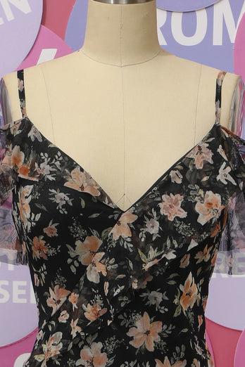 Black Chiffon Off Shoulder Prom Dress with Floral