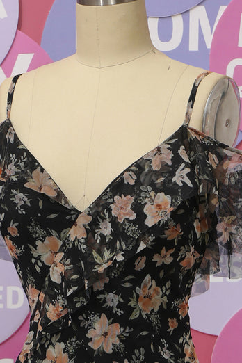 Black Chiffon Off Shoulder Prom Dress with Floral