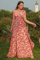 Load image into Gallery viewer, A Line Deep V Neck Rust Printed Plus Size Prom Dress with Split Front