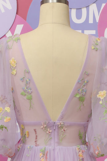 A-Line V-Neck Lavender Prom Dress with Embroidery