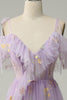 Load image into Gallery viewer, A-Line V-Neck Spaghetti Straps Embroidery Lavender Long Prom Dress with Slit
