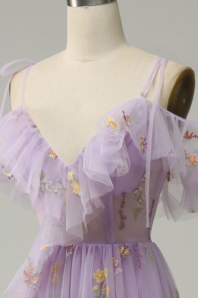 Load image into Gallery viewer, A-Line V-Neck Spaghetti Straps Embroidery Lavender Long Prom Dress with Slit