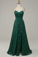 Load image into Gallery viewer, Dark Green Lace Spaghetti Straps Corset Prom Dress