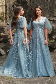 A Line V Neck Grey Blue Plus Size Prom Dress with Appliques