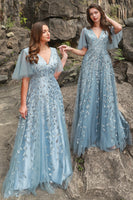Load image into Gallery viewer, A Line V Neck Grey Blue Plus Size Prom Dress with Appliques