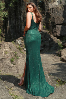 Mermaid Spaghetti Straps Dark Green Sequins Long Prom Dress with Split Front