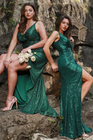 Load image into Gallery viewer, Mermaid Spaghetti Straps Dark Green Sequins Long Prom Dress with Split Front