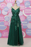 Load image into Gallery viewer, A Line Spaghetti Straps Dark Green Long Prom Dress with Appliques