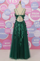 Load image into Gallery viewer, A Line Spaghetti Straps Dark Green Long Prom Dress with Appliques