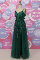 Load image into Gallery viewer, A Line Spaghetti Straps Dark Green Long Prom Dress with Appliques