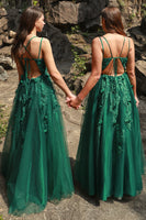 Load image into Gallery viewer, A Line Spaghetti Straps Dark Green Plus Size Prom Dress with Appliques