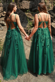 A Line Spaghetti Straps Dark Green Plus Size Prom Dress with Appliques