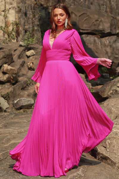 A Line Deep V Neck Fuchsia Plus Size Prom Dress with Long Sleeves