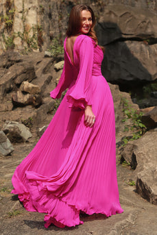 A Line Deep V Neck Fuchsia Plus Size Prom Dress with Long Sleeves
