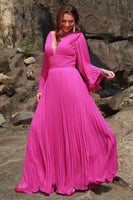 Load image into Gallery viewer, A Line Deep V Neck Fuchsia Plus Size Prom Dress with Long Sleeves