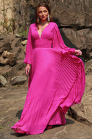 Load image into Gallery viewer, A Line Deep V Neck Fuchsia Plus Size Prom Dress with Long Sleeves