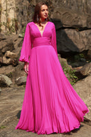 Load image into Gallery viewer, A Line Deep V Neck Fuchsia Plus Size Prom Dress with Long Sleeves