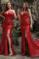 Load image into Gallery viewer, Mermaid Spaghetti Straps Dark Red Plus Size Prom Dress with Split Front