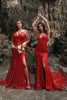 Load image into Gallery viewer, Mermaid Spaghetti Straps Dark Red Plus Size Prom Dress with Split Front