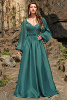 Load image into Gallery viewer, A Line Sweetheart Dark Green Plus Size Prom Dress with Long Sleeves